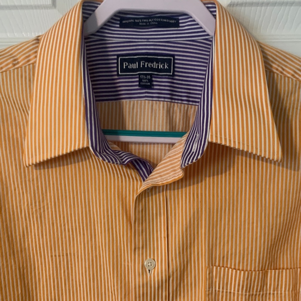 Paul Fredrick Men's Shirt with Orange and Purple Stripes 17.5/35 Like New